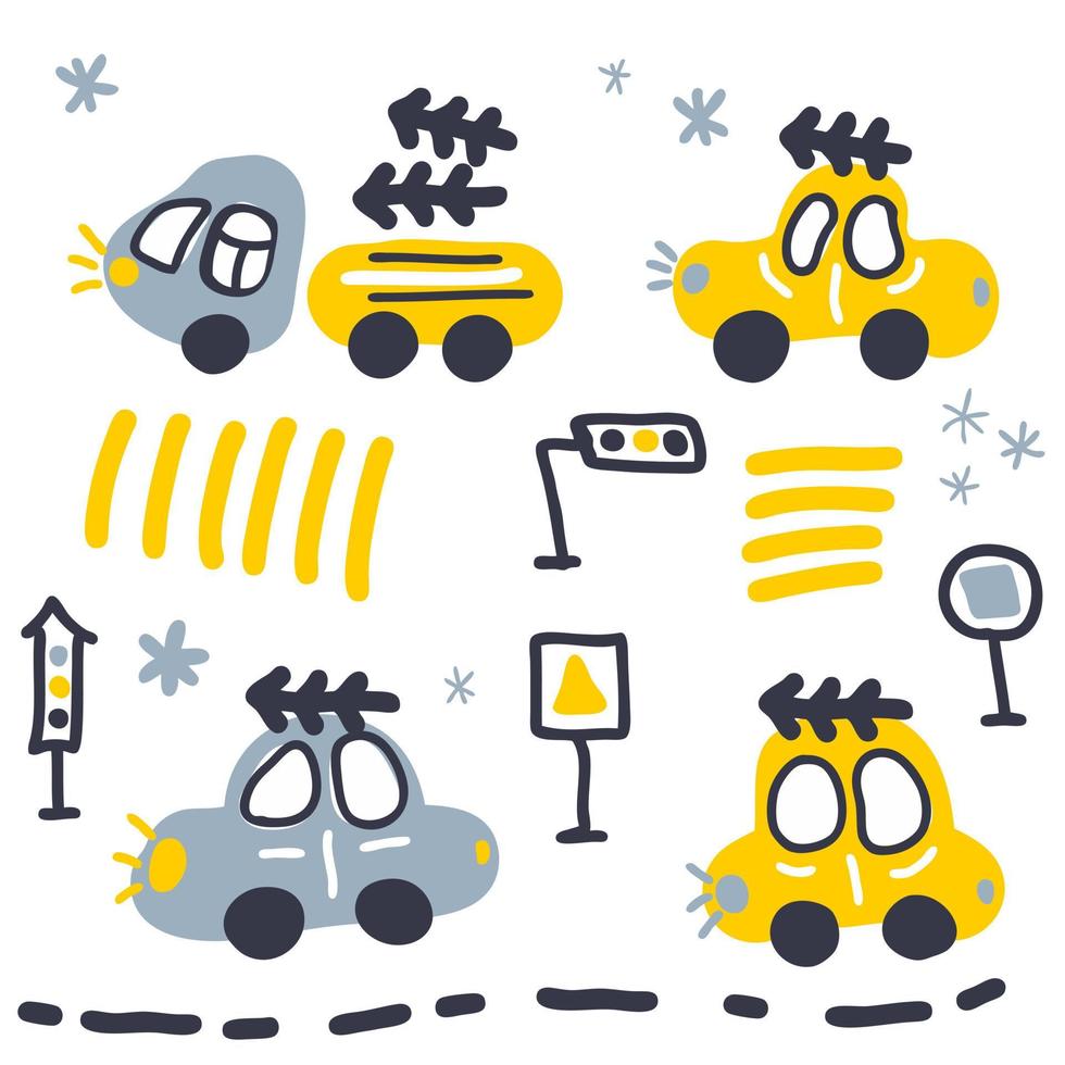 Doodle-Sammlung von Autos mit Weihnachtsbäumen. vektor