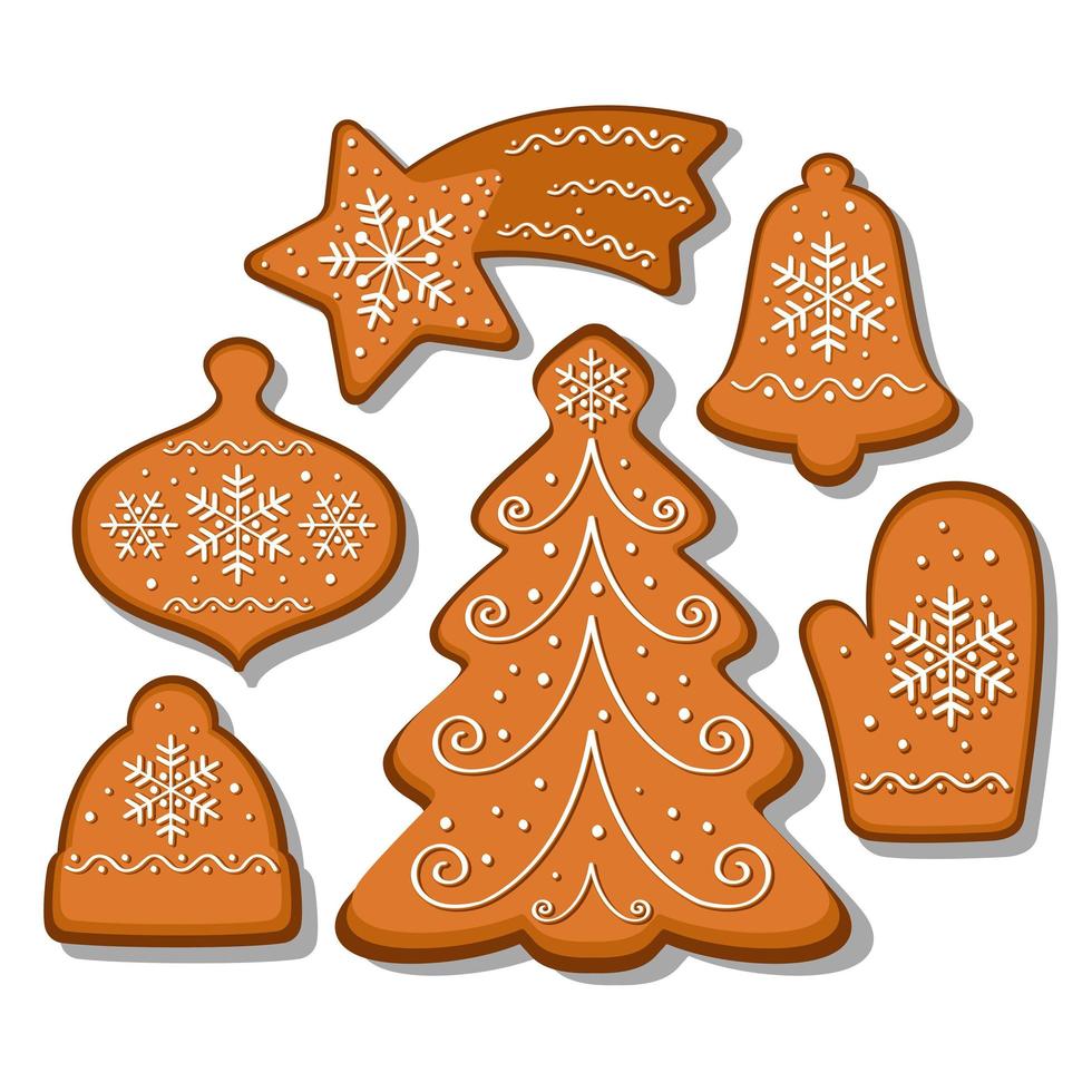 Vektor-Set von Lebkuchen. Weihnachtsbaum, Fäustling, Glocke, Mütze, Stern. Sammlung hausgemachter Weihnachtsplätzchen. Weihnachtsbäckerei. vektor