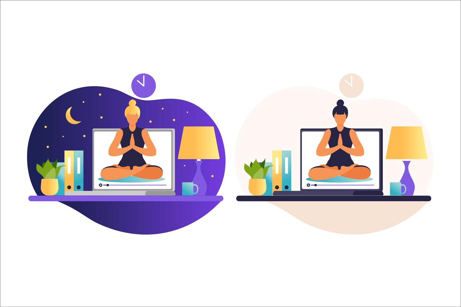 kvinna gör yogaövningar. internet yoga kurser koncept. välbefinnande och hälsosam livsstil hemma. yogaklasser med en onlinetränare. kvinna undervisar klasser på distans. vektor illustration i platt.