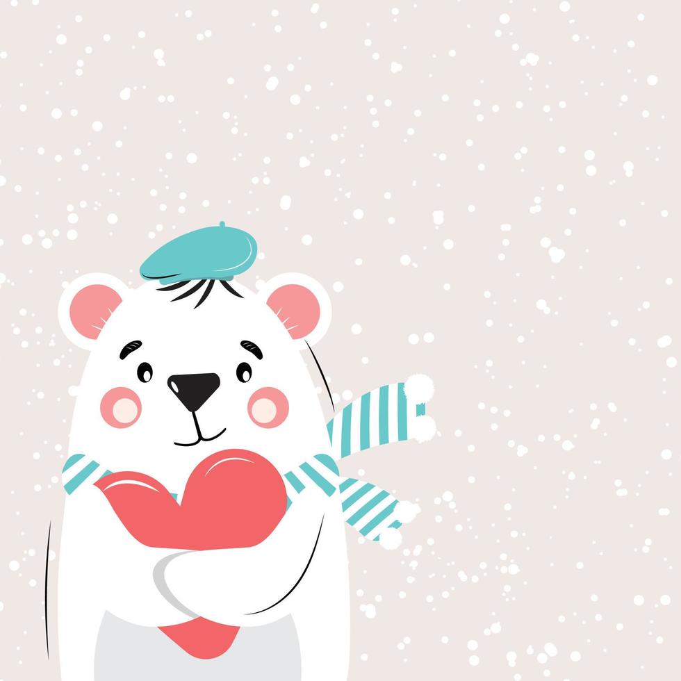 söt isbjörn som njuter av snö och håller ett hjärta. st. alla hjärtans dag koncept. vektor illustration.