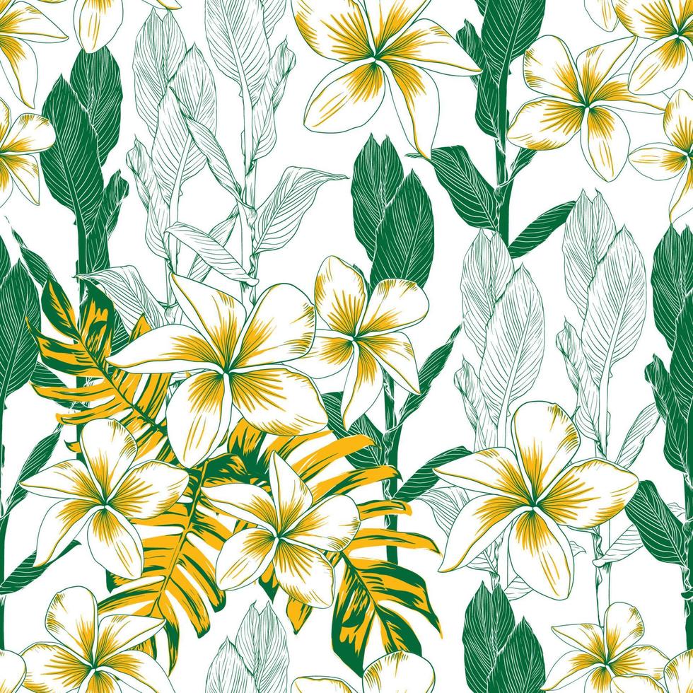 nahtlose Muster floral Frangipani-Blumen und Canna Lilly Blatt abstrakten Hintergrund. Vektor-Illustration Aquarell Hand Drawing.Fabric Modedesign vektor