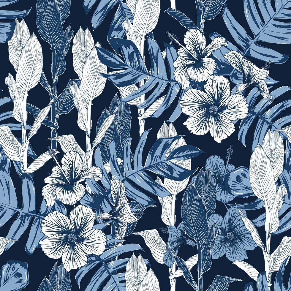 nahtloses Muster floral mit Hibiskasblüten und Canna-Lilly-Blatt abstrakten Hintergrund. Vektor-Illustration Aquarell Handzeichnung. Stoff Modedesign vektor