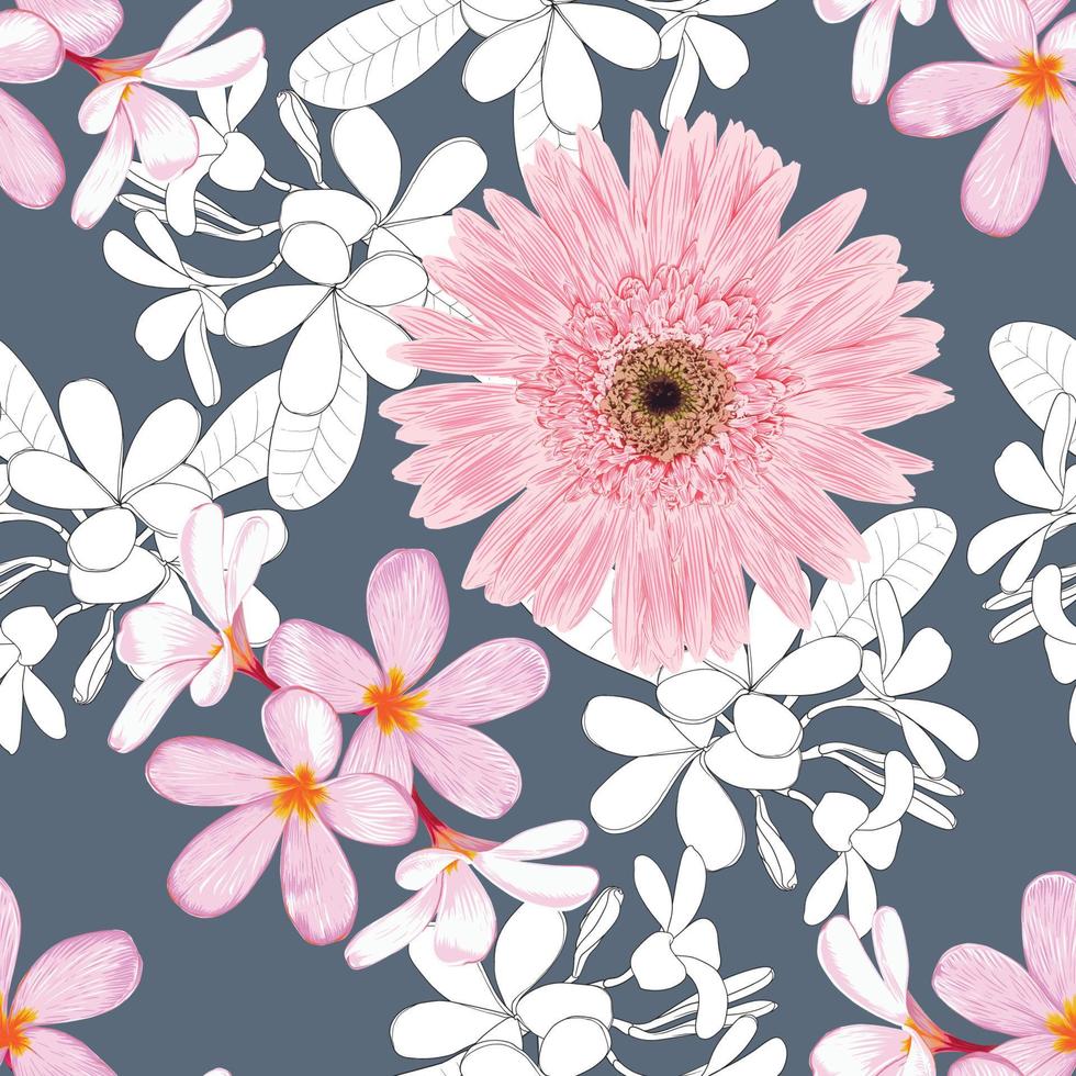 nahtloses Muster floral mit rosa Gerbera und Frangipani-Blüten abstrakten Hintergrund. Vektor-Illustration handgezeichnete Linie Kunst. für Stoffmuster Druckdesign vektor