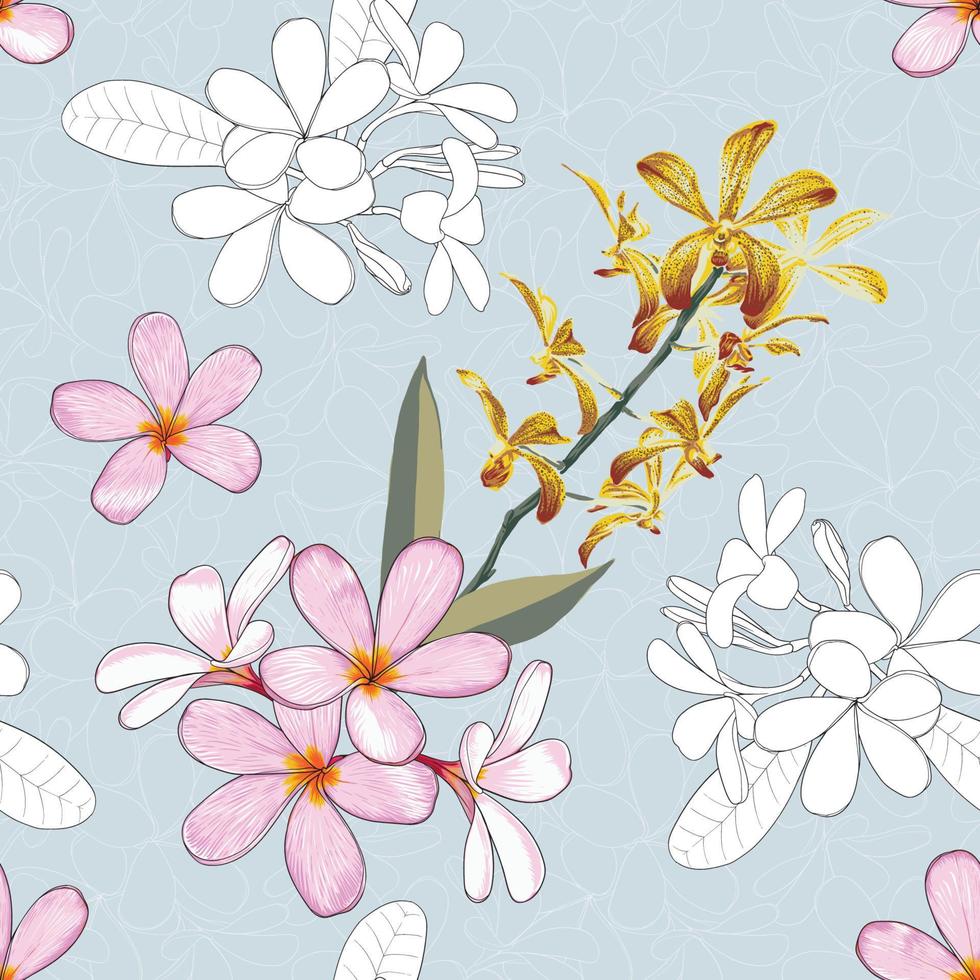 nahtlose Muster floral mit rosa Pastell Frangipani und Orchideenblüten abstrakten Hintergrund. Vektor-Illustration handgezeichnete Linie Kunst. für Stoffmuster Textildruck Design vektor