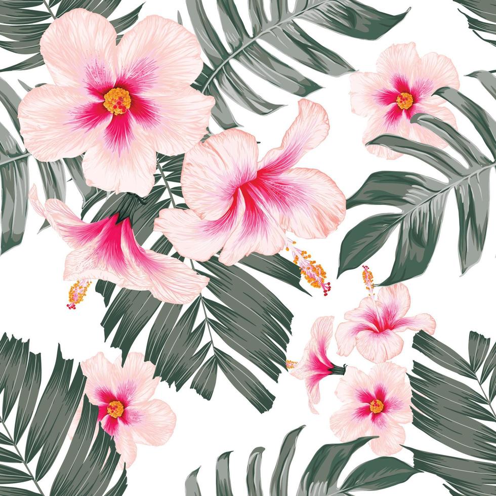 nahtloses Muster mit rosa Pastell-Hibiskus-Blumen auf isoliertem weißem Hintergrund. Vektor-Illustration handgezeichnet. Für Stoffmode-Druckdesign oder Produktverpackung. vektor