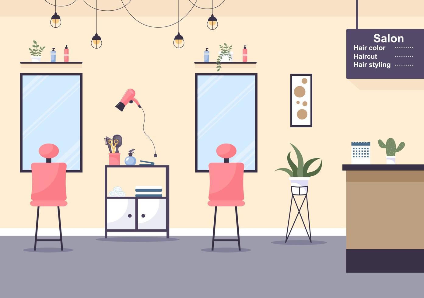 Schönheitssalon Interior Flat Design Illustration Es gibt Möbel, Tisch, Stühle, Badewanne, Spiegel oder Haartrockner zum Waschen, Maniküre, Pediküre, Haare schneiden und Make-up vektor