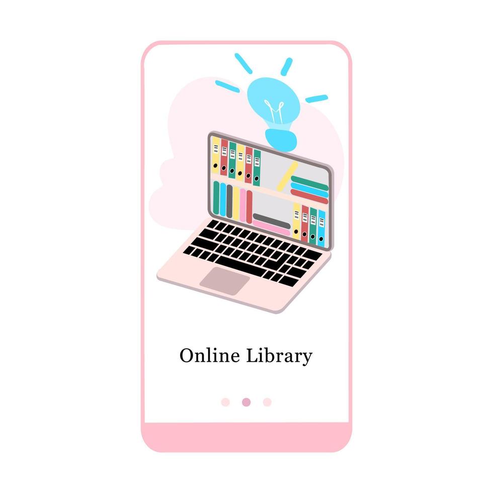 Online-Bibliothek, E-Book, Online-Literatur, Enzyklopädie, Onboarding-Bildschirm für die mobile App des Online-Buchladens. Menü-Vektor-Banner-Vorlage für Interface ux, ui-gui-Bildschirm mobile Entwicklung Illustration. vektor