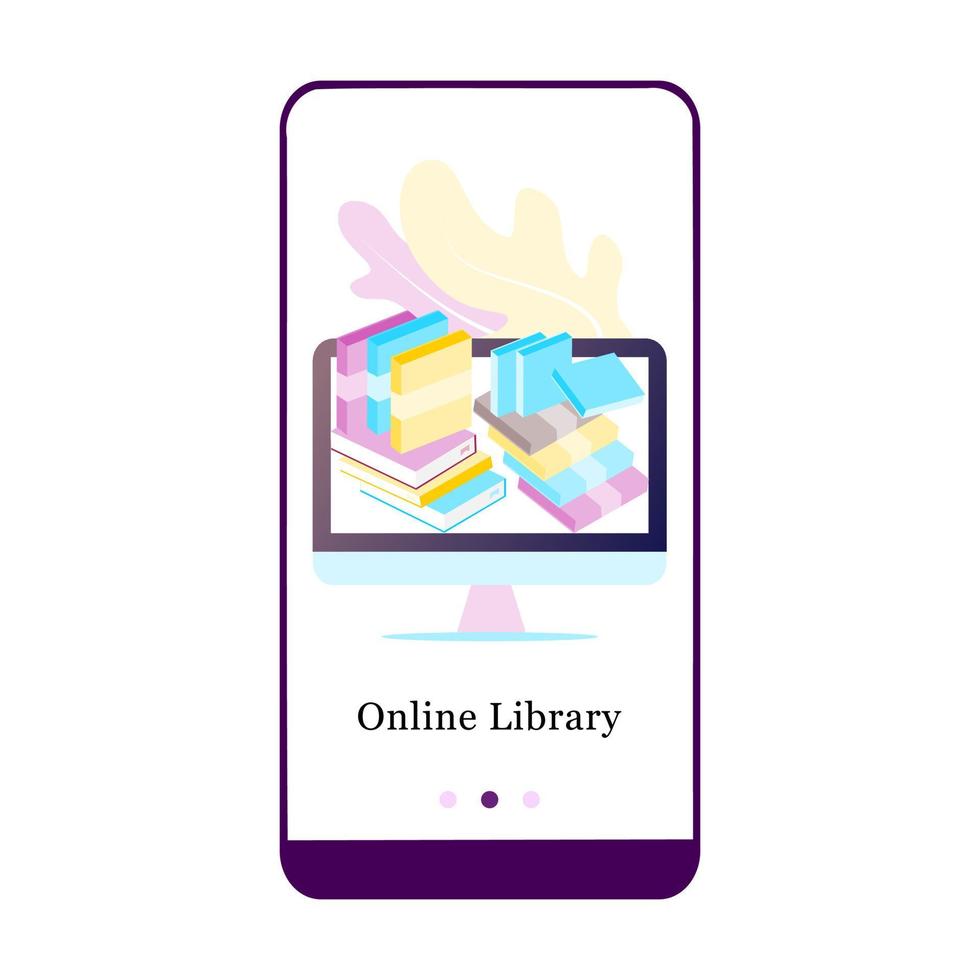 Online-Bibliothek, E-Book, Online-Literatur, Enzyklopädie, Onboarding-Bildschirm für die mobile App des Online-Buchladens. Menü-Vektor-Banner-Vorlage für Interface ux, ui-gui-Bildschirm mobile Entwicklung Illustration. vektor