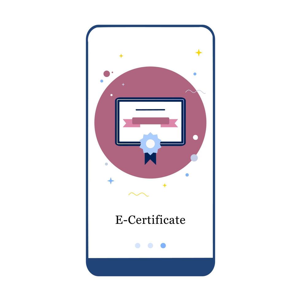 onlinecertifikat, e-certifikat, introduktionsskärm för mobilapp för examenspapper. meny vektor banner mall för gränssnitt ux, ui gui skärm mobil utveckling. webbdesign platt illustration.