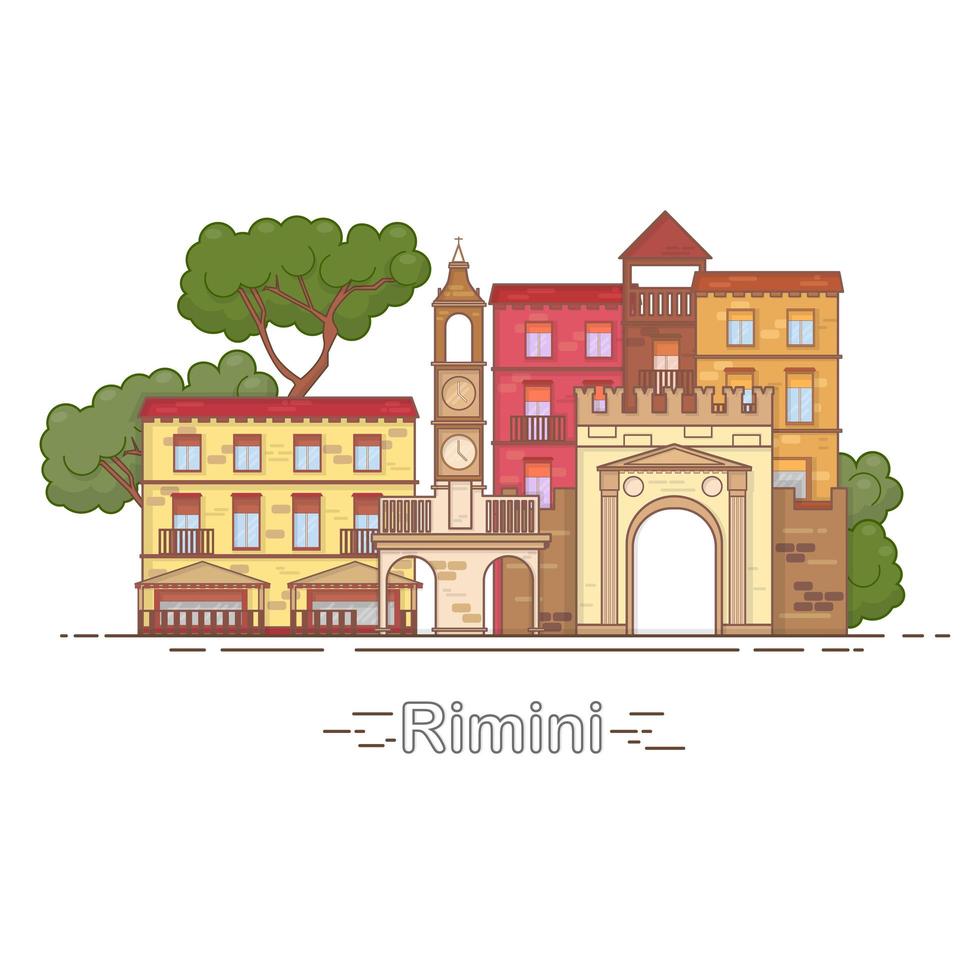 Italien, rimini skisserar stadens silhuett, linjär illustration, banderoll, resor landmärke vektor
