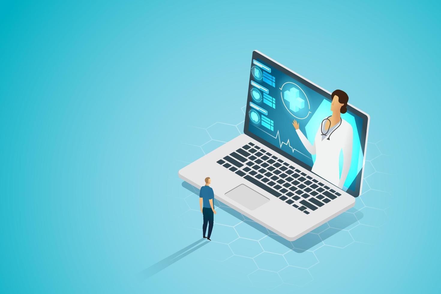 patienter med läkare via bärbar datorskärm och ikon medicinsk. vektor