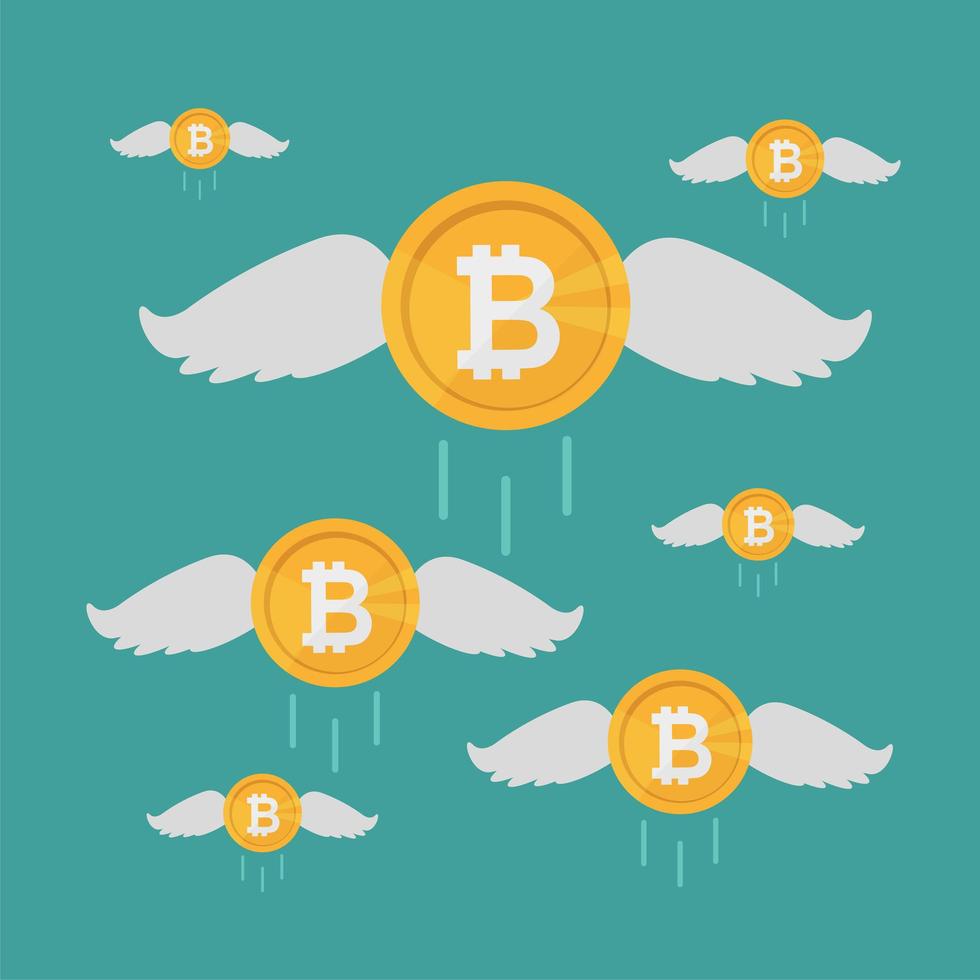 Bitcoin-Münze fliegt mit Flügeln, wachsendes Konzept der Kryptowährung. Geschäftskonzept vektor