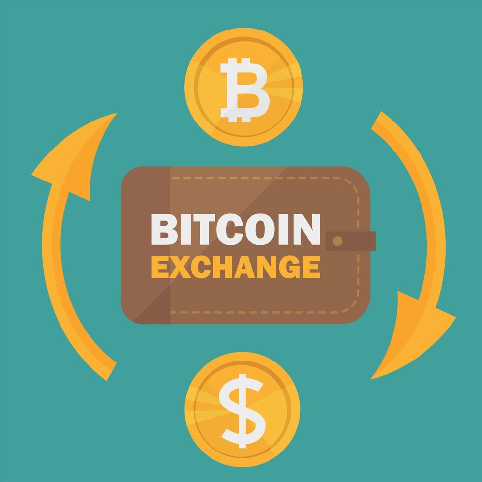 Dollar zu Bitcoin Währungsumtausch. Bitcoin-Tausch mit Bitcoin-Münzensymbol vektor