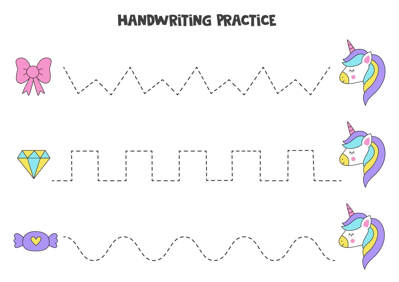Nachzeichnen von Linien mit süßen Einhornelementen. Schreiberfahrung. vektor