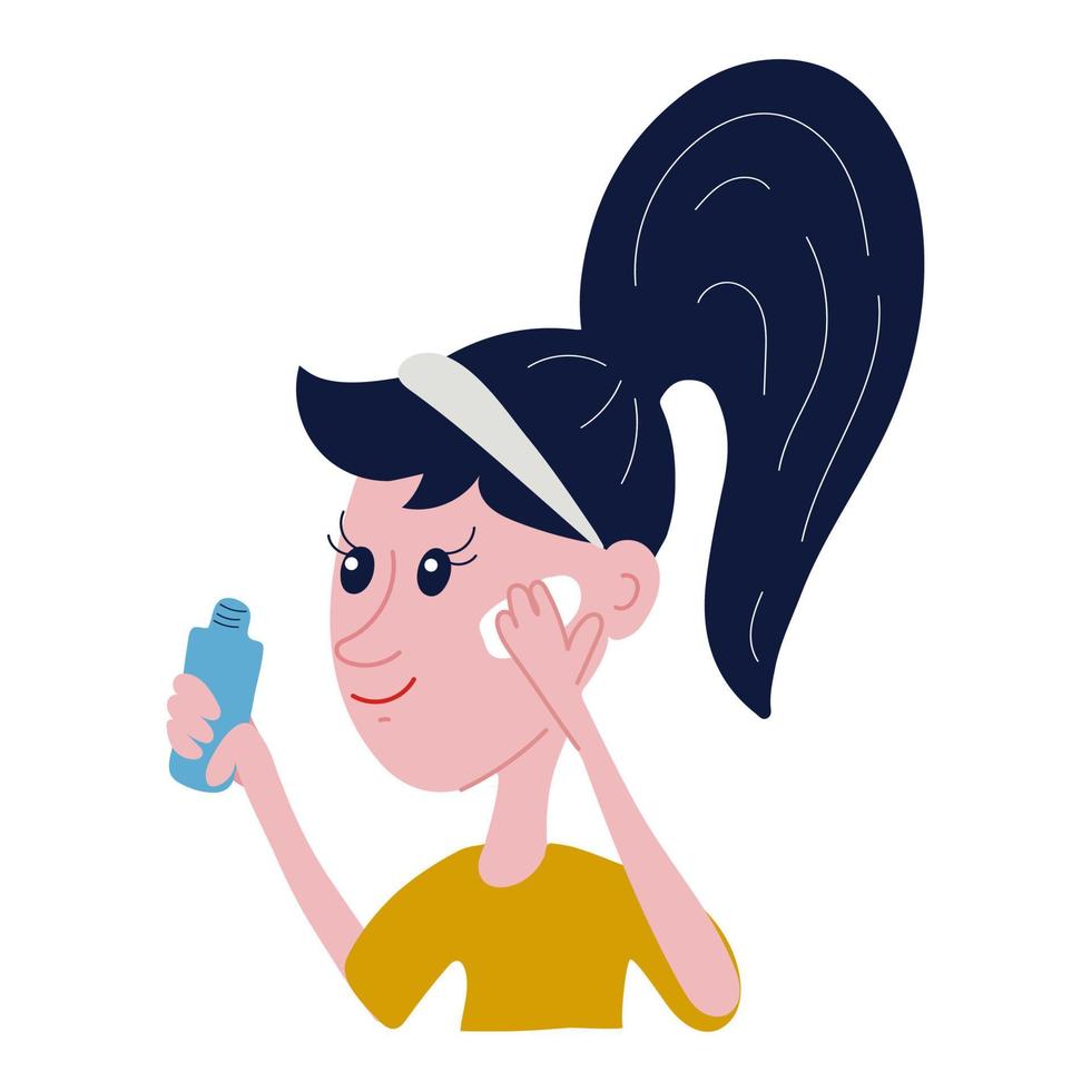 junge Frau trägt Creme auf ihr Gesicht auf. weibliche Figur für kosmetisches Design. handgezeichnete Vektorgrafik vektor