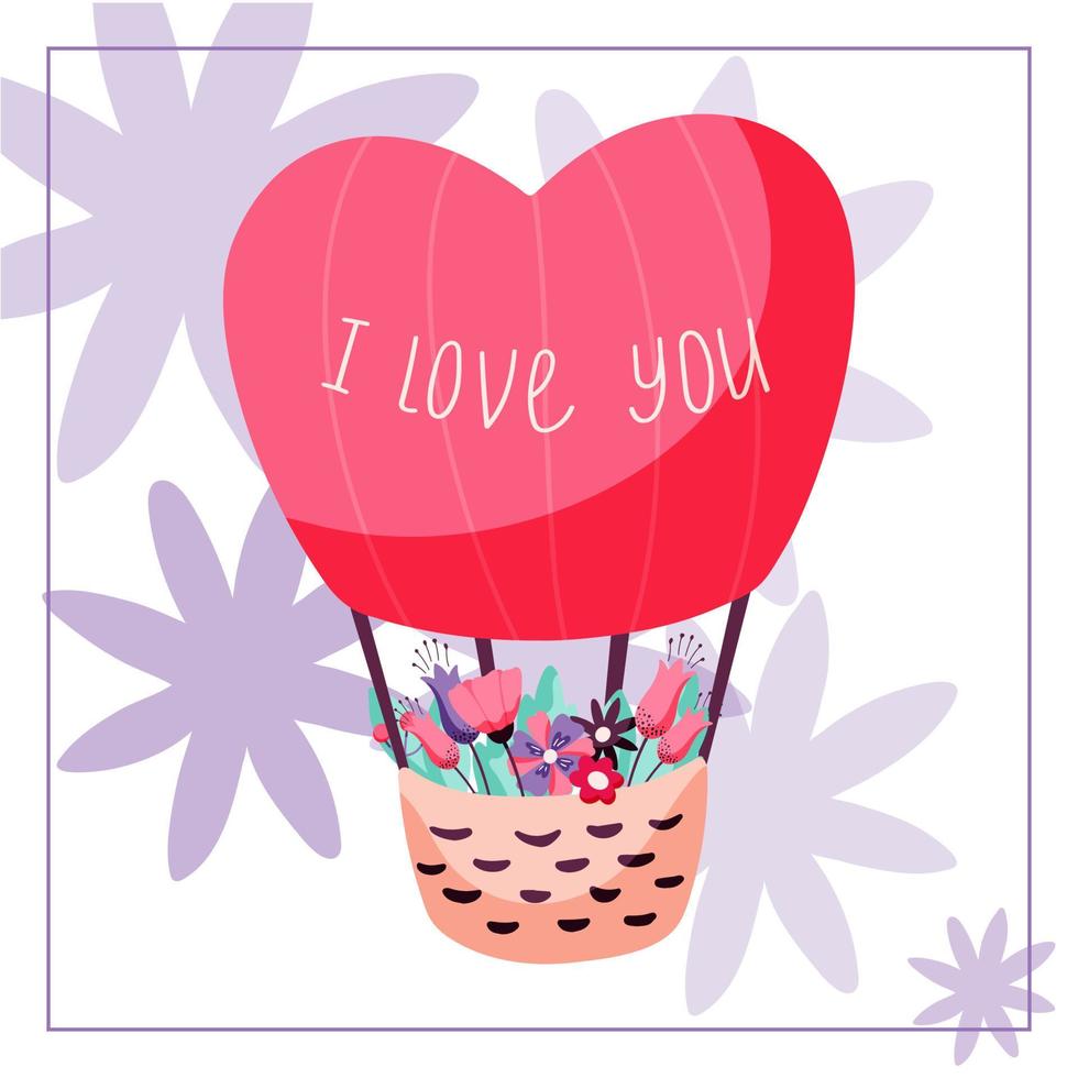 Heißluftballon mit Blumensträußen. Handgezeichnete Vektor-Illustration, Valentinstag-Symbol mit Bildunterschrift Ich liebe dich vektor