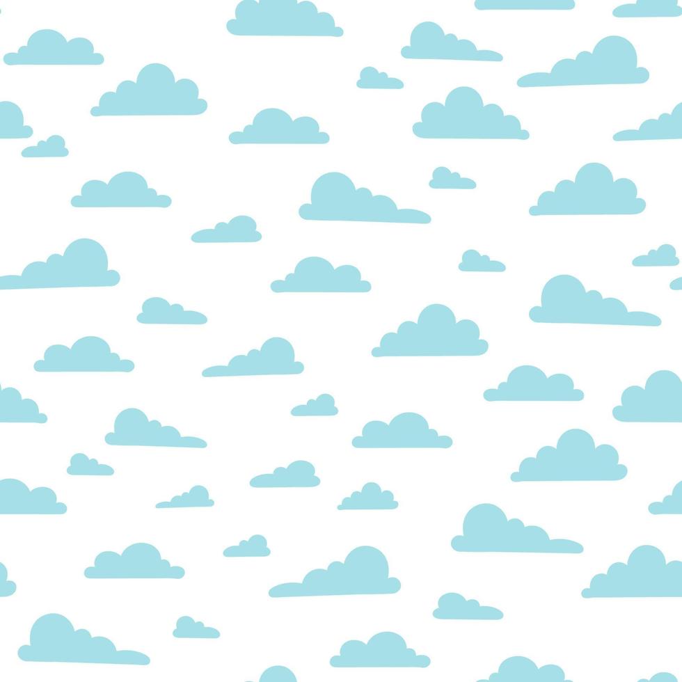 blauer Himmel mit Wolken Vektor nahtlose Muster. süßer weißer flauschiger Wolkenhintergrund für Kinderstoff, Babykleidung, Bettwäsche, Tapeten, Scrapbooking. flach, Cartoon-Textur.