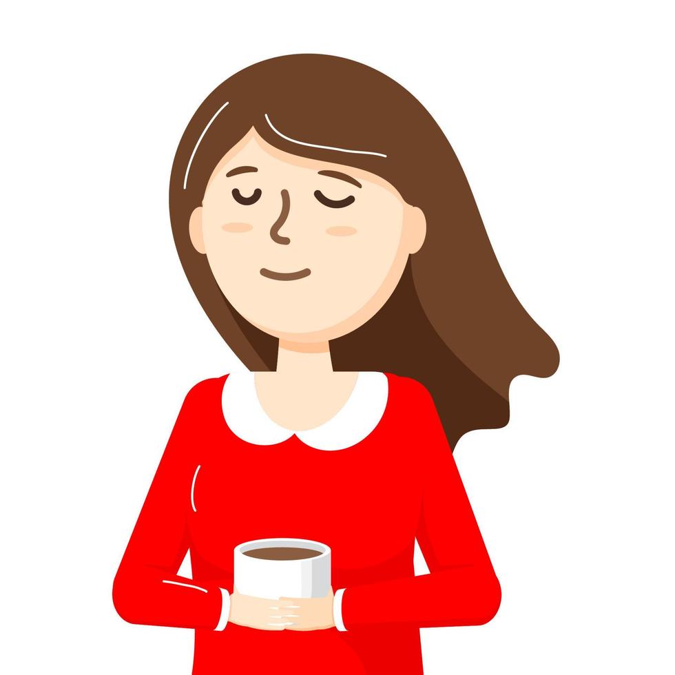 flicka i röd klänning med en kopp kaffe avatar. vektor illustration i platt stil.