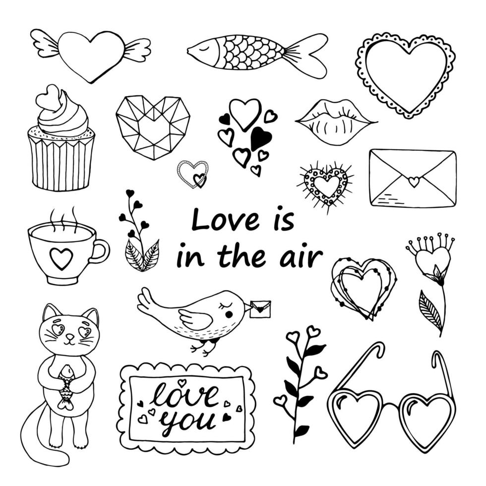 uppsättning alla hjärtans dag designelement. brev, hjärtan, fågel, glasögon, blommor, cupcake, kopp ikoner vektor