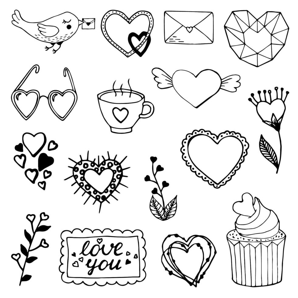 uppsättning alla hjärtans dag designelement. brev, hjärtan, fågel, glasögon, blommor, cupcake, kopp ikoner vektor