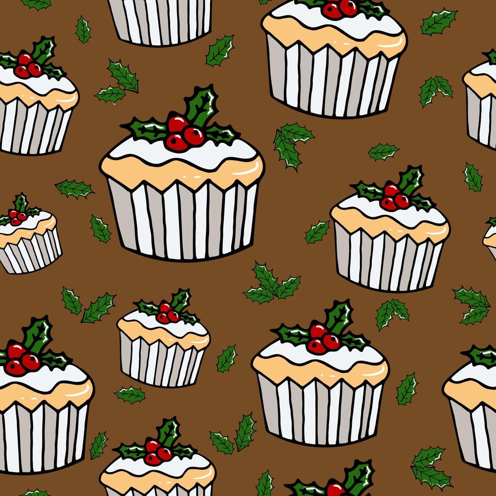 Weihnachten Vektor nahtlose Muster. Cupcakes-Hintergrund. bunte Textur des neuen Jahres für Verpackung, Tapete, Textil, Scrapbooking. handgezeichnete Vektorillustration im Doodle-Stil.