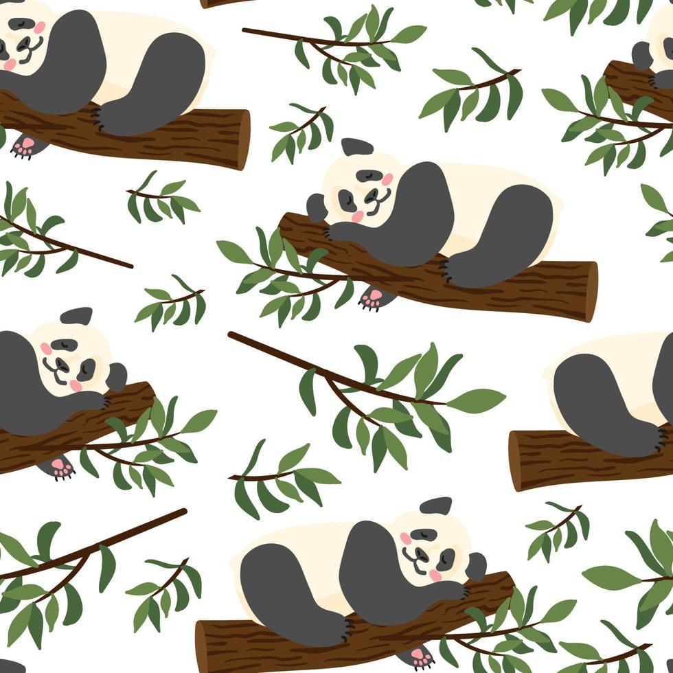 faules Riesenpanda-Baby, das auf nahtlosem Muster des Baumvektors schläft. asiatisches regenwaldtier ruht. wildes Säugetier Charakter träumen. Dschungel, Tierwelt, Zoo-Kindergarten-Textur für Kindertextilien, Verpackung. vektor