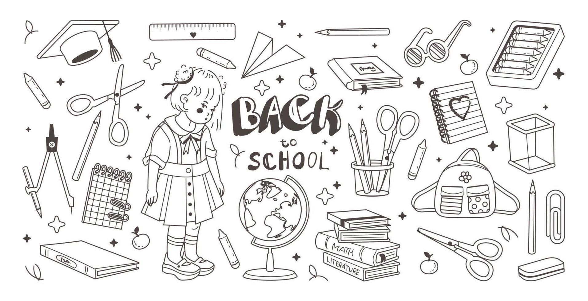 doodle samling av skolmaterial. handritad illustration. tillbaka till skolan koncept. vektor på vit bakgrund