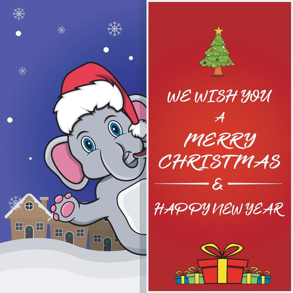 Frohe Weihnachten-Grußkarte, Flyer, Einladung und Poster. süßes Elefanten-Charakterdesign mit Hut. vektor