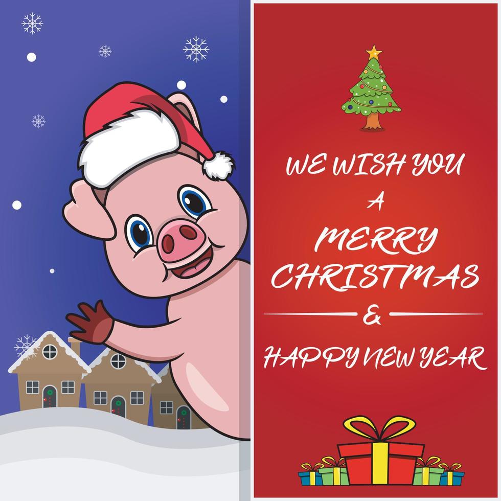 Frohe Weihnachten-Grußkarte, Flyer, Einladung und Poster. süßes Schwein-Charakter-Design mit Hut. vektor