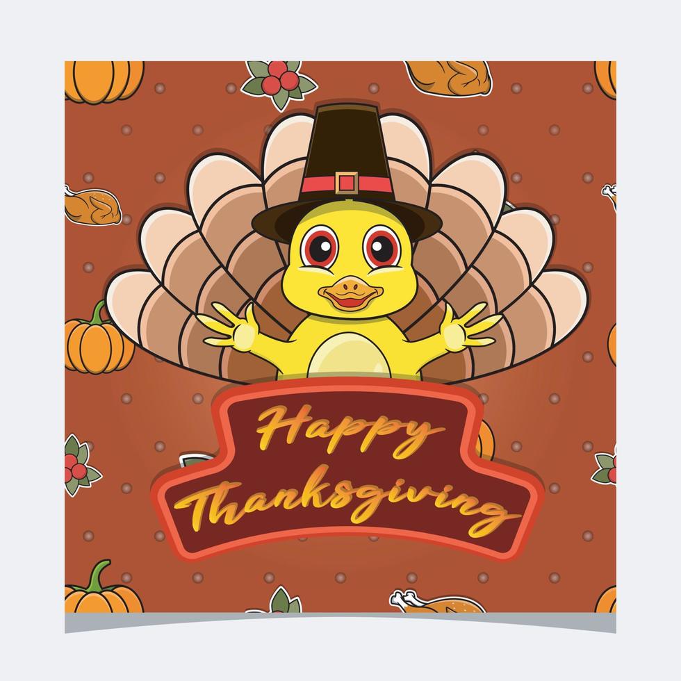 Happy Thanksgiving-Karte mit süßem Enten-Charakter-Design. Grußkarte, Poster, Flyer und Einladung. vektor