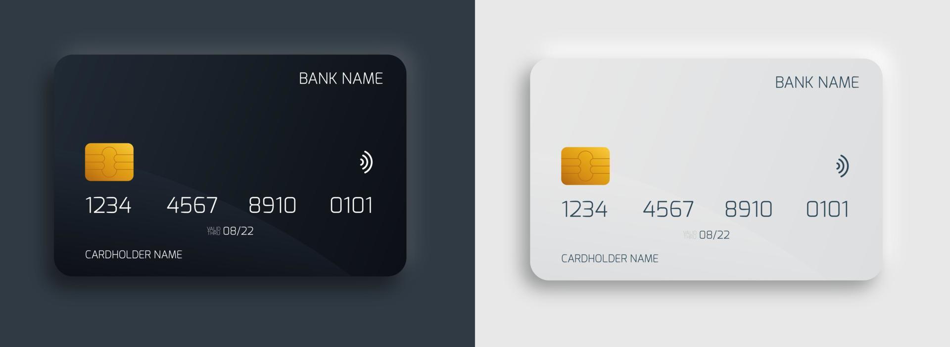 plast bankkort designmall set. isolerade kredit- eller betalkort mockup med mörk och ljus färg stil koncept. vektor