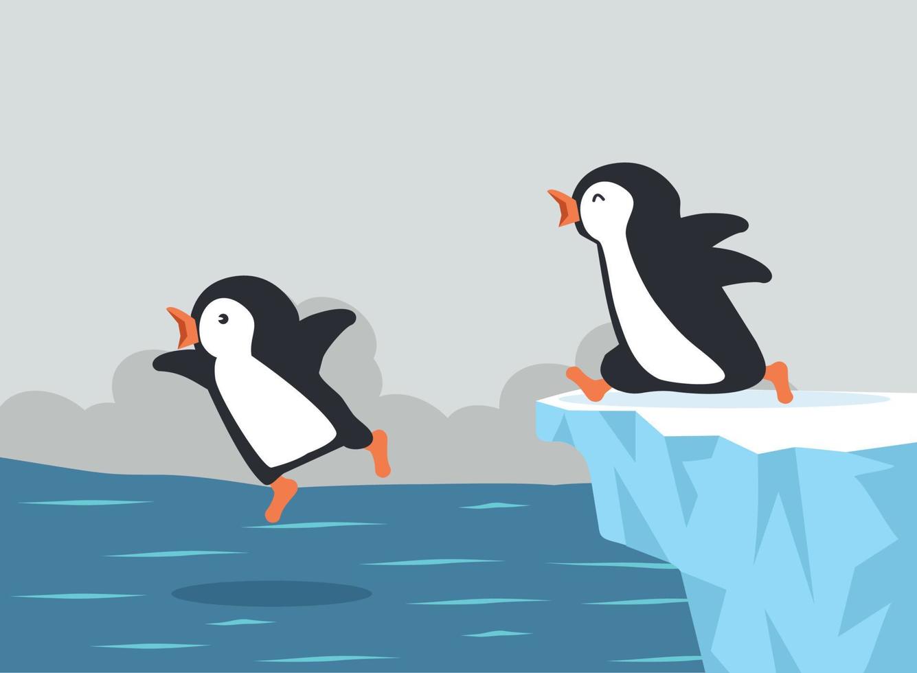 söta pingviner som hoppar på isberget vektor