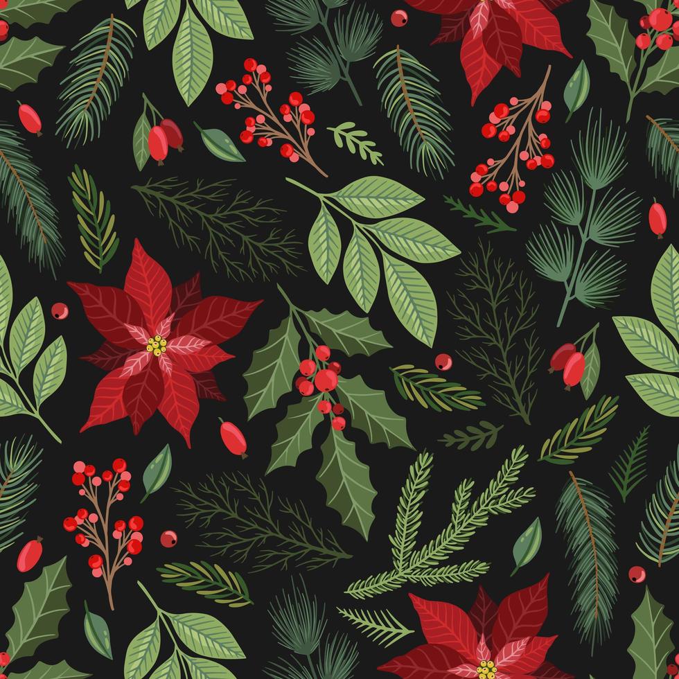 nahtloses Muster mit handgezeichneten Weihnachtssternblumen und floralen Zweigen und Beeren, Weihnachtsblumen. vektor