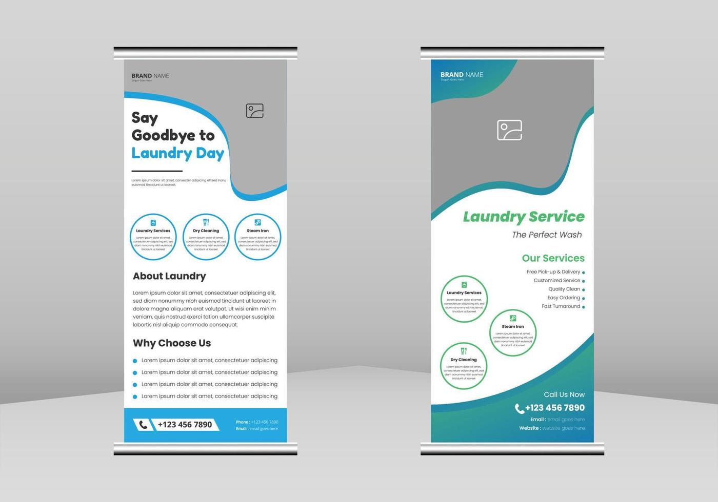 design av roll-up-banner för tvättservice, design av broschyrer för tvättservice, mall för affisch för tvättservice, design av reklamfilmsrulle för tvättservice, reklamblad för tvättservice, dl-flyer vektor