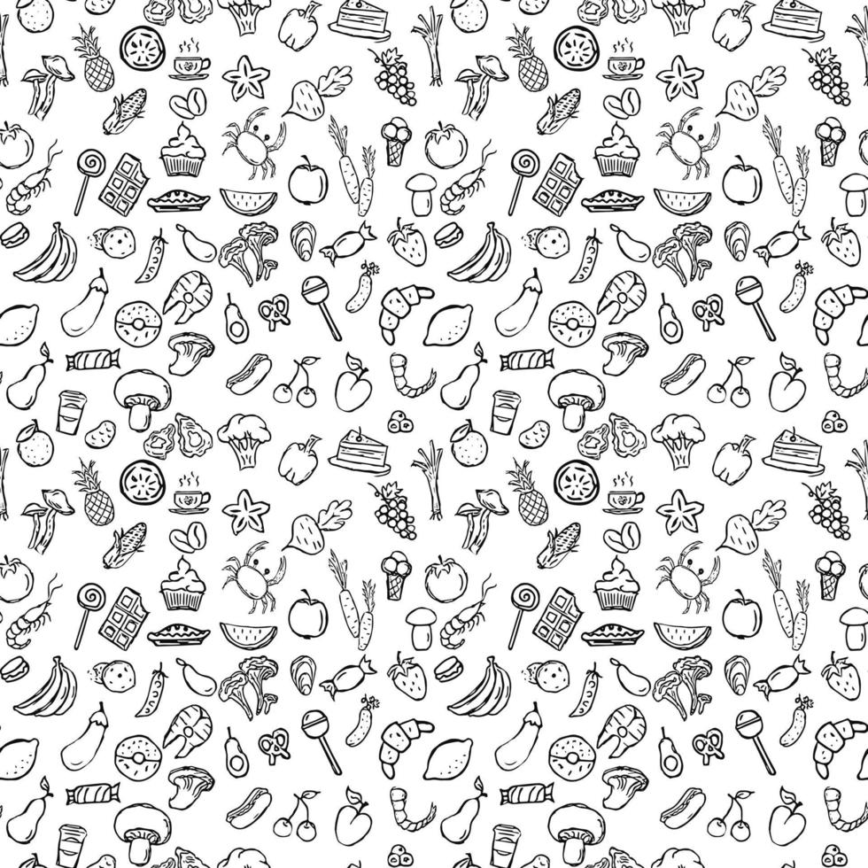 nahtloses Muster mit Lebensmittelsymbolen. Symbole von Meeresfrüchten, Pilzen, Süßigkeiten, Gemüse und Obst. Vektor-Food-Icons vektor