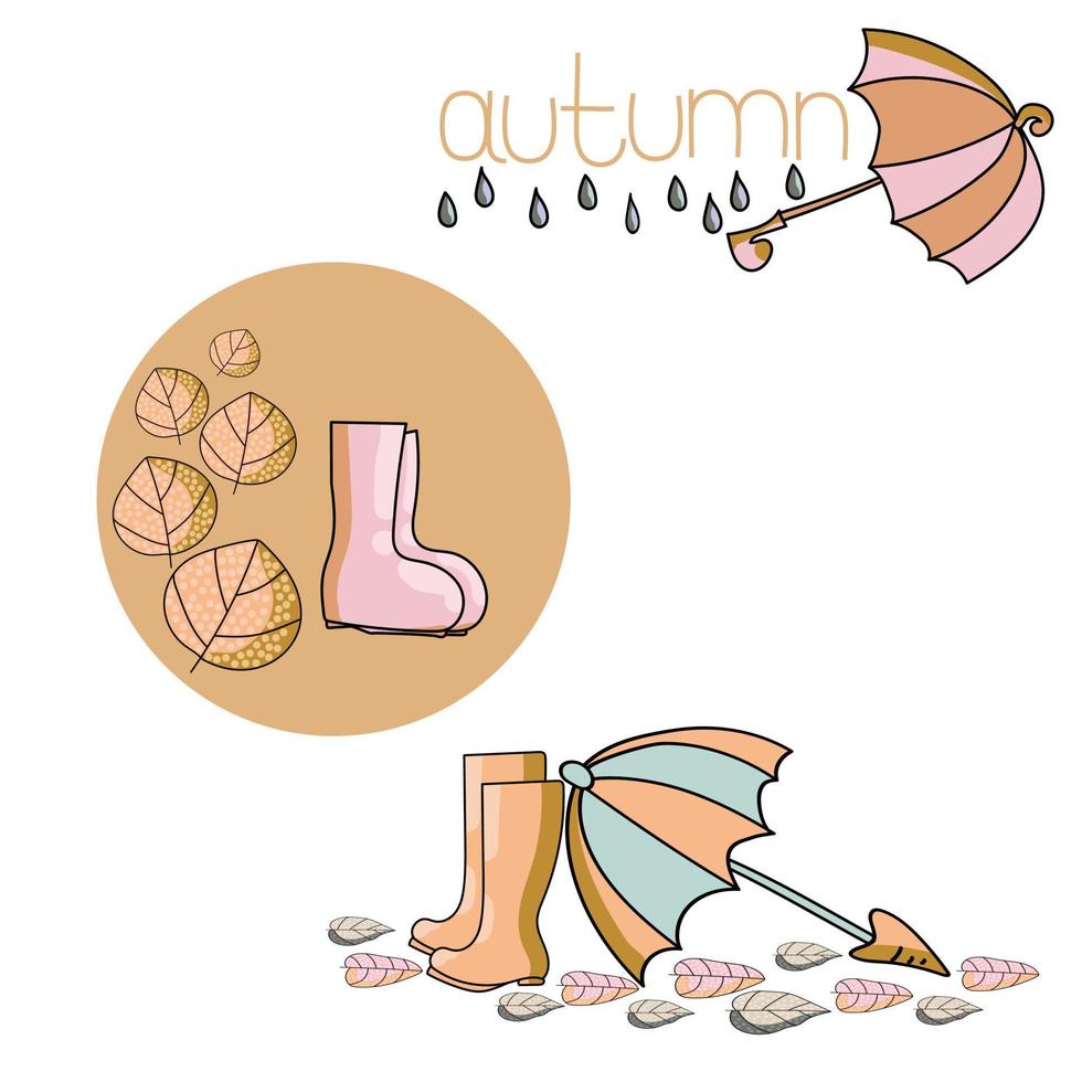 Cliparts zu einem Herbstthema in rosa-orangefarbenen Farben, eine Inschrift und Herbstelemente, Regenschirme, Tropfen, Blätter und Gummistiefel, Vektorhandzeichnungsillustration vektor