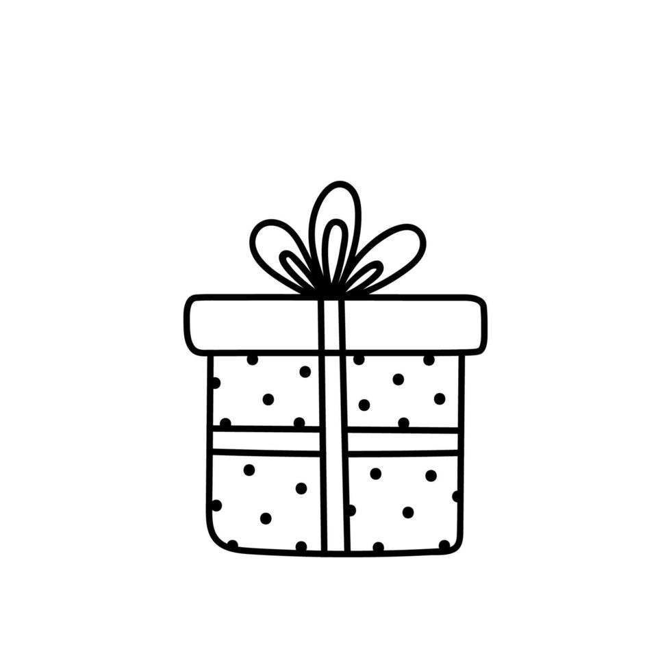 presentförpackning med festligt band och en rosett isolerad på vit bakgrund. vektor handritad illustration i doodle stil. perfekt för semester och juldesign, kort, dekorationer, logotyp.