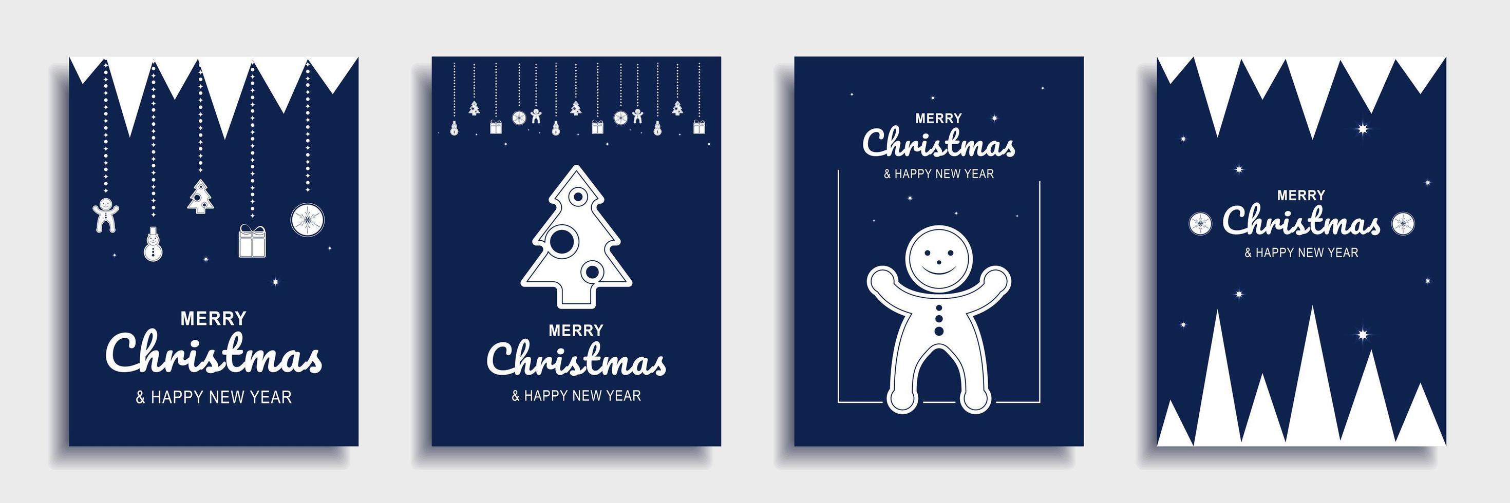 Frohe Weihnachten und Neujahr 2022 Broschüren-Cover-Set. Weihnachten minimales Bannerdesign mit dekorativen Rändern mit Lebkuchen, Ball, Baum, Schneemann. Vektorillustration für Flyer, Poster oder Grußkarten vektor