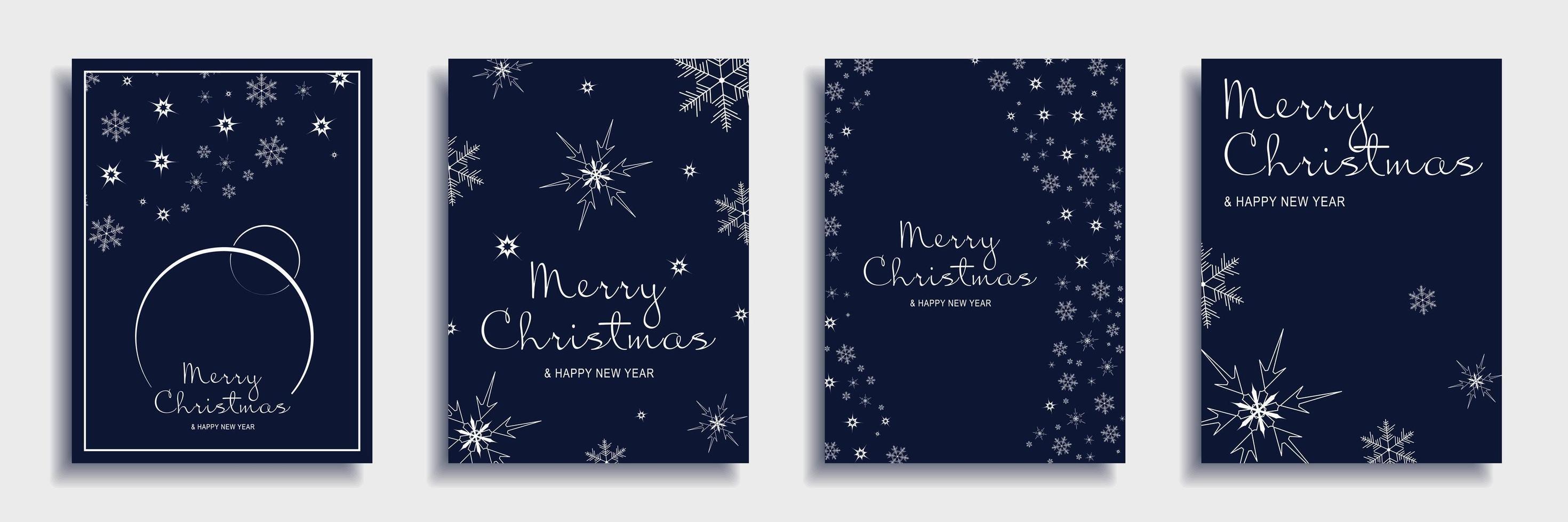 Frohe Weihnachten und Neujahr 2022 Broschüren-Cover-Set. Weihnachten minimales Bannerdesign mit weißen Schneeflockenmustern und Text auf blauem Hintergrund. Vektorillustration für Flyer, Poster oder Grußkarten vektor