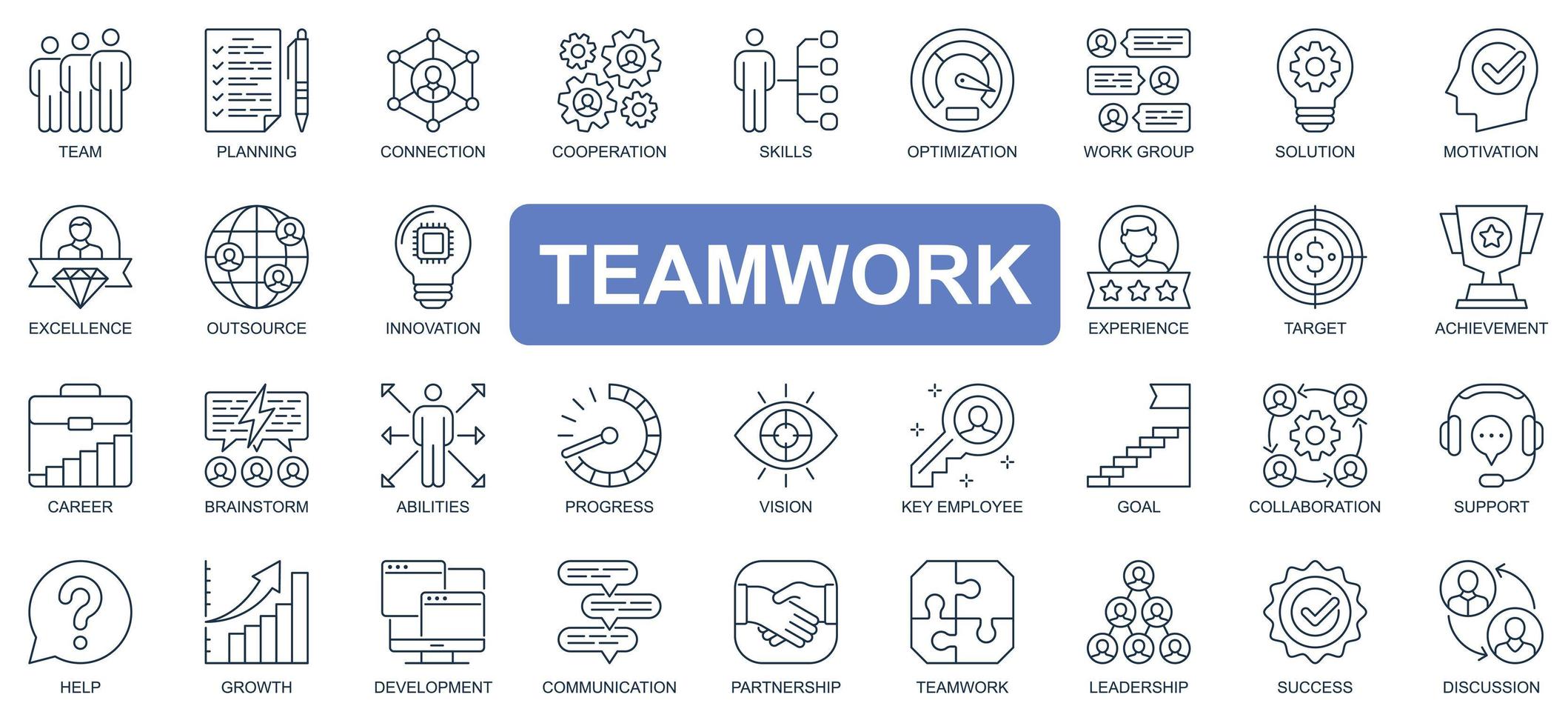 Teamwork-Konzept einfache Linie Icons Set. Bündel aus Team, Planung, Verbindung, Zusammenarbeit, Optimierung, Brainstorming, Leistung und anderen. Vektorpaket-Umrisssymbole für Website- oder mobile App-Design vektor