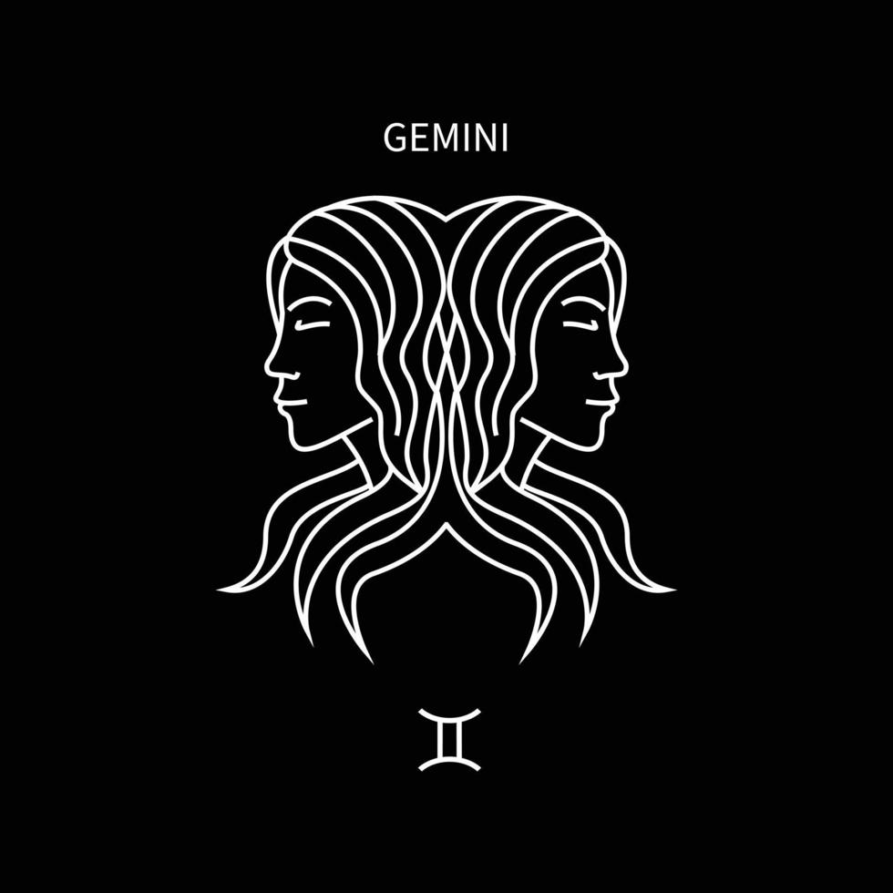 gemini horoskop symbol i tolv zodiak konstellation. en platt linje zodiaken ikoner isolerad på svart bakgrund. astrologi och mytologi samling i vektor. vektor