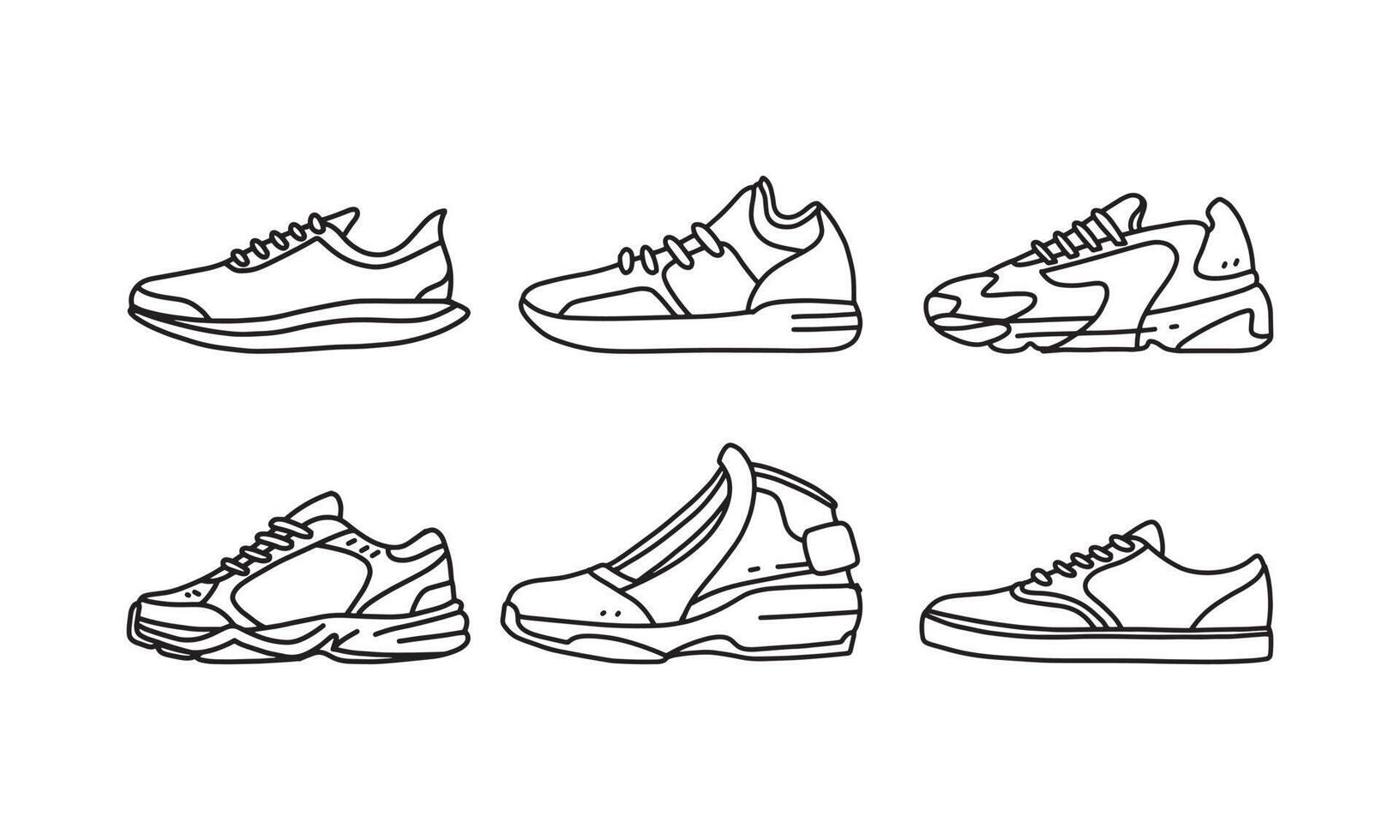 uppsättning sport- och livsstilsskor, sneaker vektor handritad samling, sko Lineart-ikon. ny skoillustration för sport- och varumärkesdesignelement