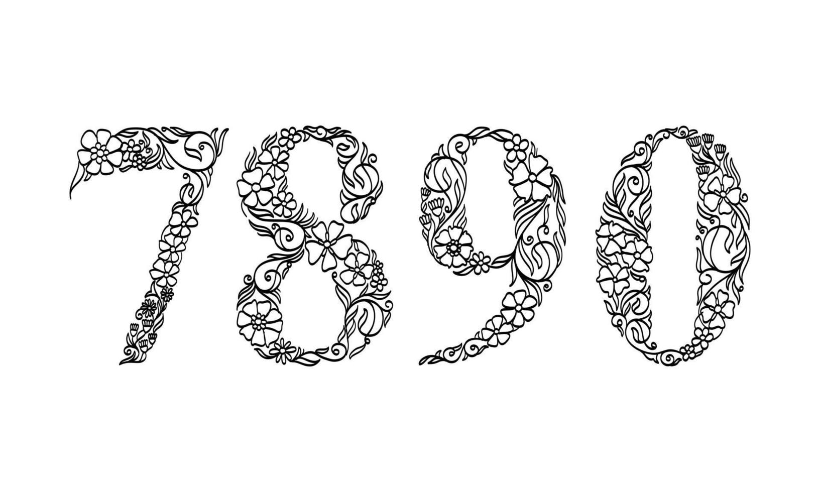 Blumenillustration Nummer 7, 8, 9, 0, Vektorgrafik-Schriftart von Blumen- und Blattpflanzen kreative handgezeichnete Strichzeichnungen für abstrakte und natürliche Naturstil-Looks in einzigartiger monochromer Designdekoration vektor