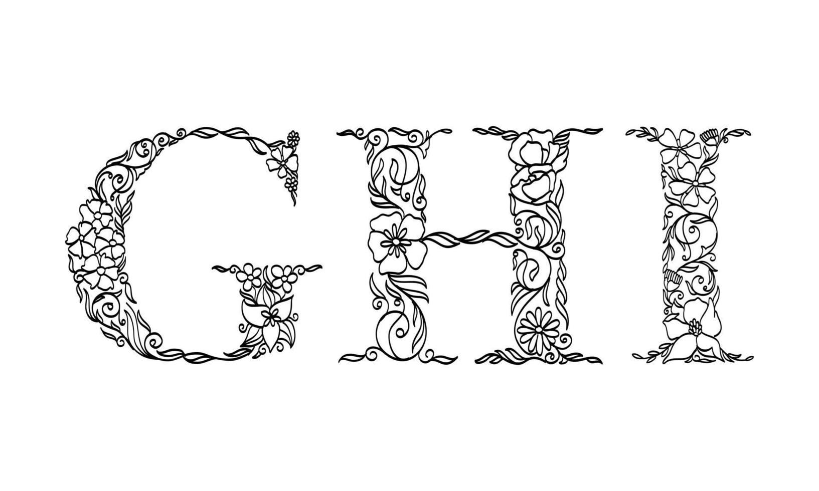 blommig illustration alfabetet g, h, i, vektorgrafiskt teckensnitt gjorda av blom- och bladväxt kreativa handritade streckteckningar för abstrakta och naturliga naturstilar i unik monokrom designdekoration vektor