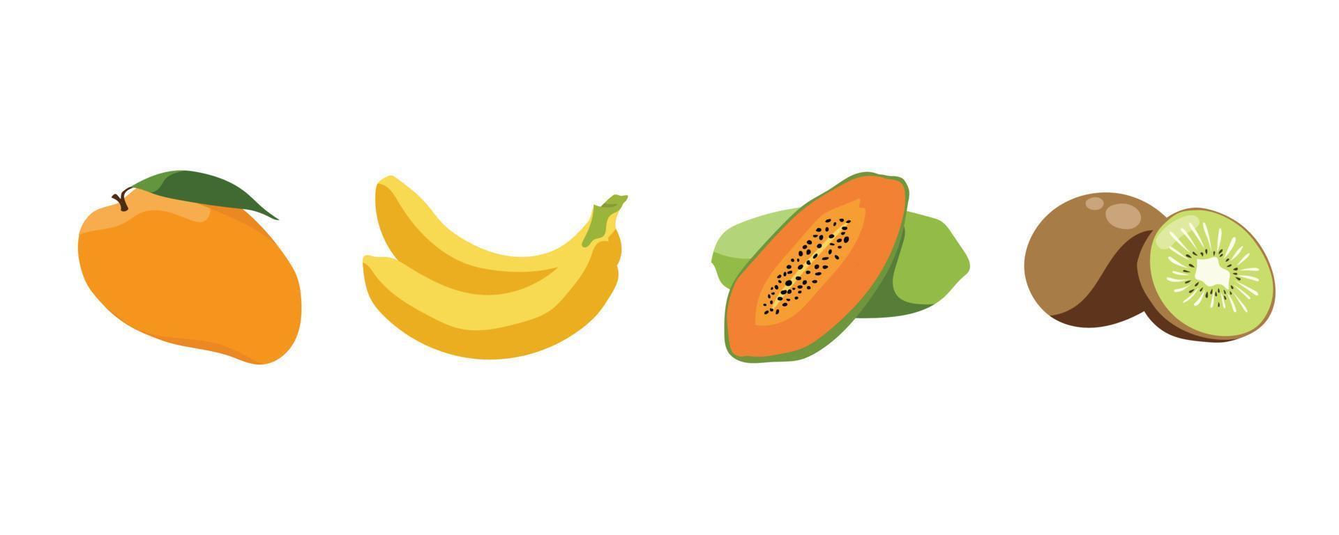 mango, banan, papaya och kiwi. tropiska frukter illustration samling i vektordesign. hälsosam, saftig och söt mat. färgglad frukt animation isolerad på vit bakgrund. vektor