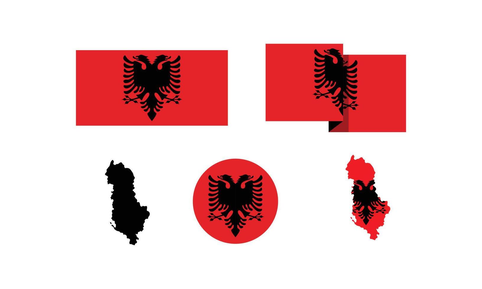 Albanien Attribute. Flagge in Rechteck, Rund und Karten. Satz von Elementvektorillustrationen für den Nationalfeiertag. vektor