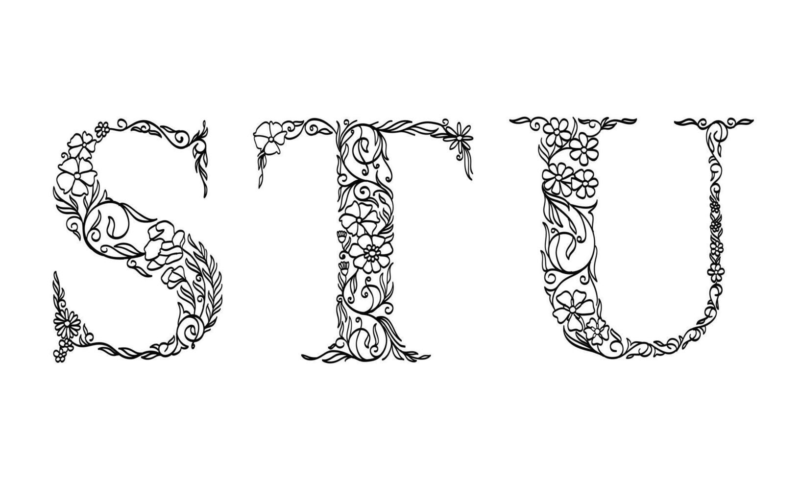 florale Illustration Alphabet s, t, u, Vektorgrafik-Schriftart von Blumen- und Blattpflanzen kreative handgezeichnete Strichzeichnungen für abstrakte und natürliche Naturstil-Looks in einzigartiger monochromer Designdekoration vektor