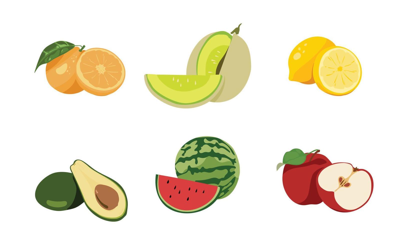 apelsin, melon, citron, avokado, vattenmelon, äpple. tropiska frukter illustration samling i vektordesign. hälsosam, saftig och söt mat. färgglad frukt animation isolerad på vit bakgrund. vektor