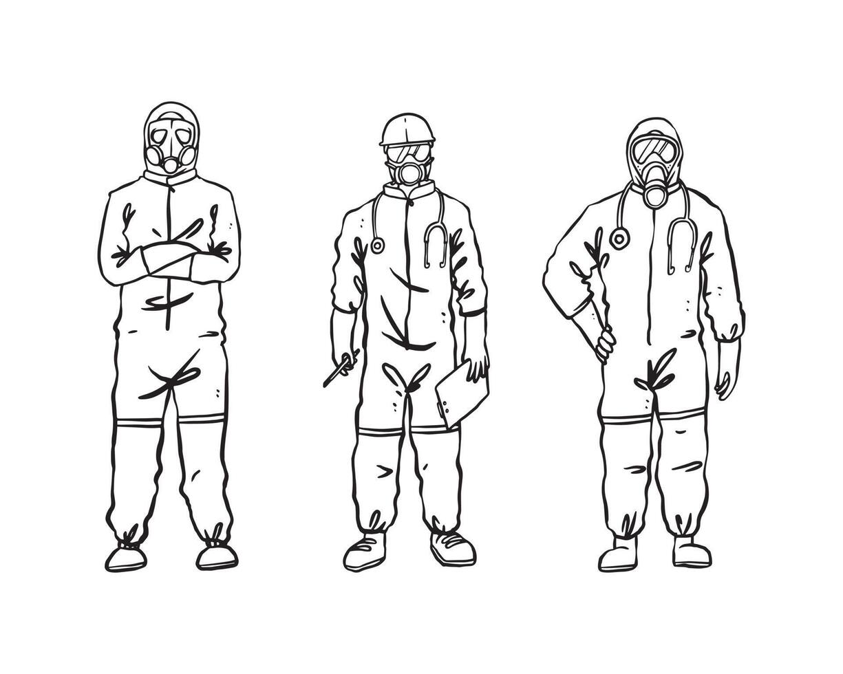 Reihe von Illustrationen des medizinischen Teams in PPE zum Schutz vor Virusausbrüchen wie Covid-19, Ebola und Sars. isolierte Hand in dünner Linie Vektor-Illustration gezeichnet vektor