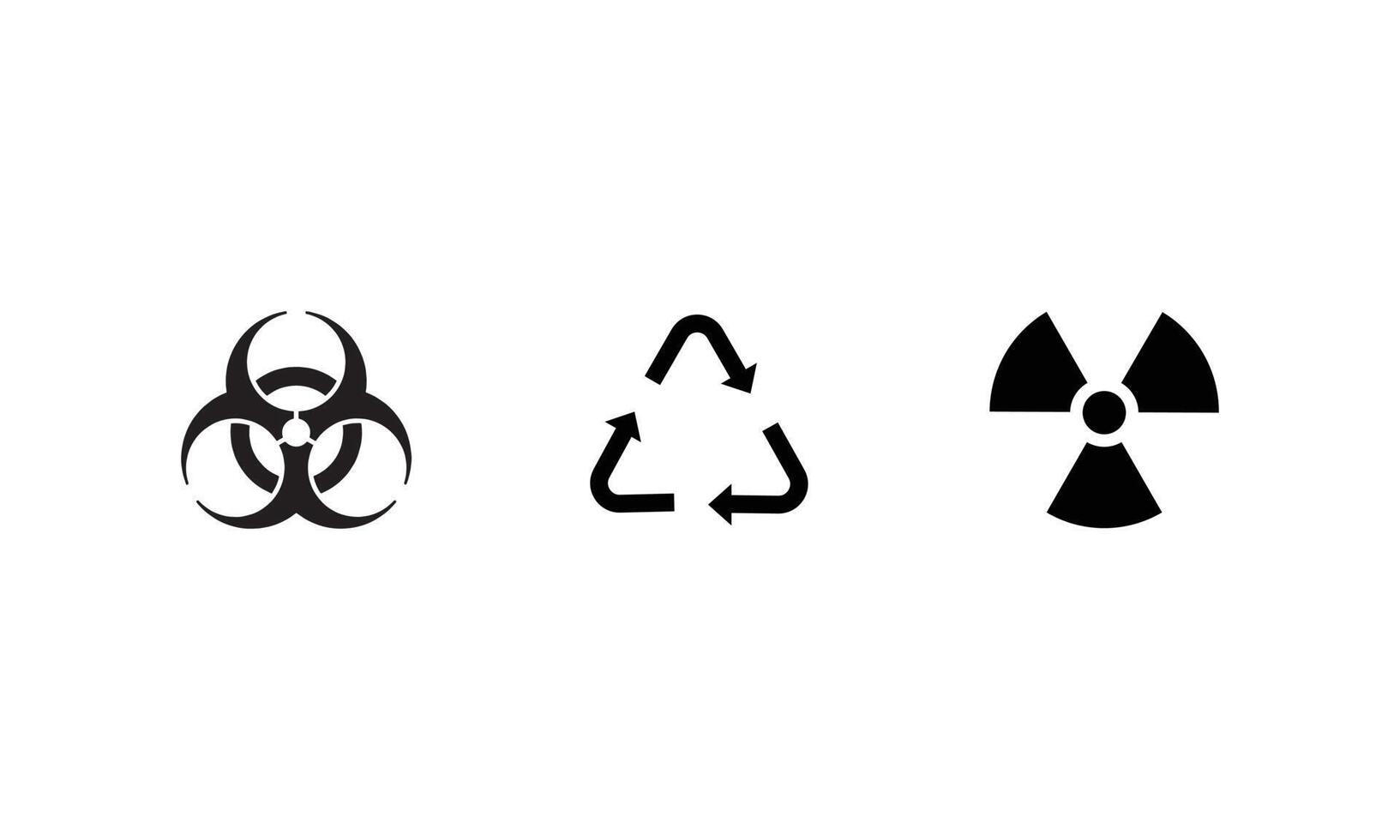 Symbolsammlung mit Biohazard-, Recycling- und Gefahrenlogo-Edition im einfachen Schwarz-Weiß-Stil. formt Elemente auf weißem Hintergrund im Logo-Design-Vektor. vektor